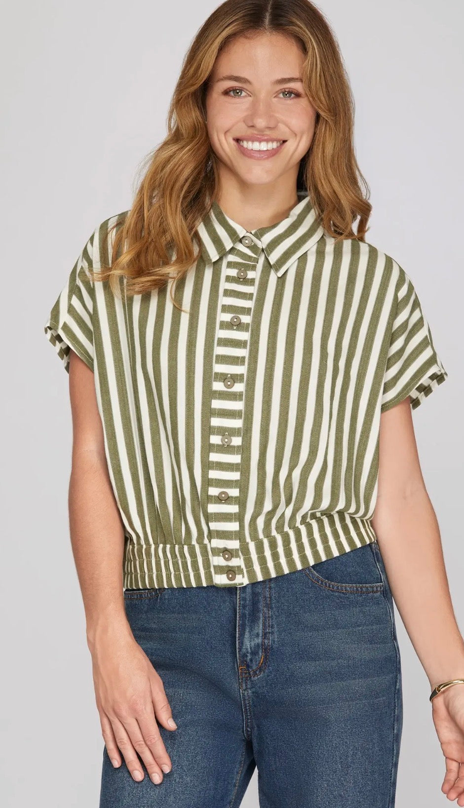 Olive stripe button top