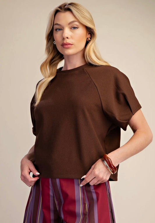 Round neck puff sleeve brown top