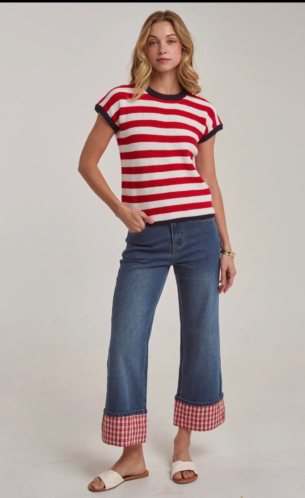 Midrise straight leg w/gingham cuff