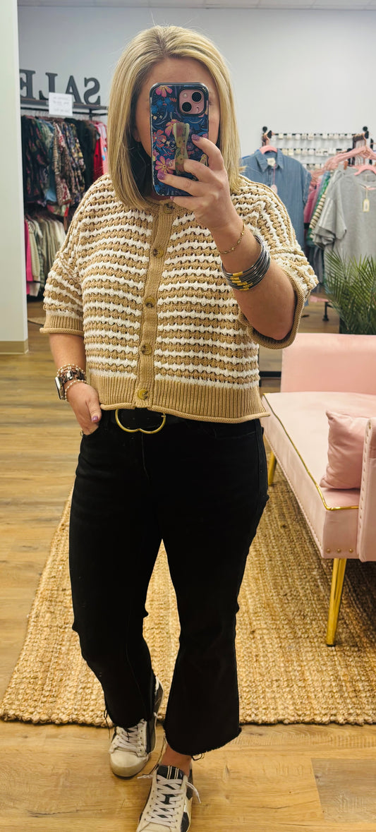 Taupe stripe button sweater top