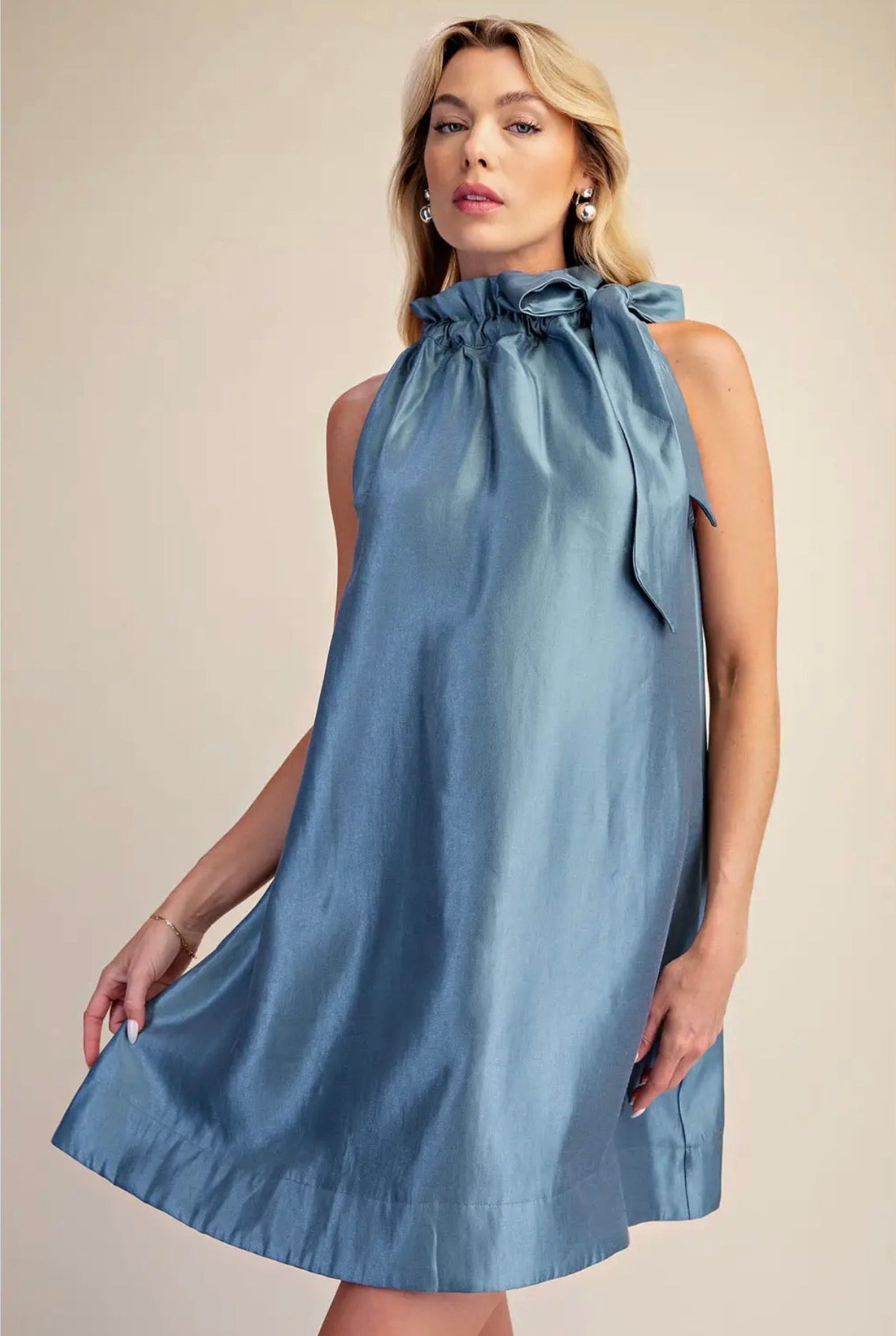 Slate ruffle neck mini dress