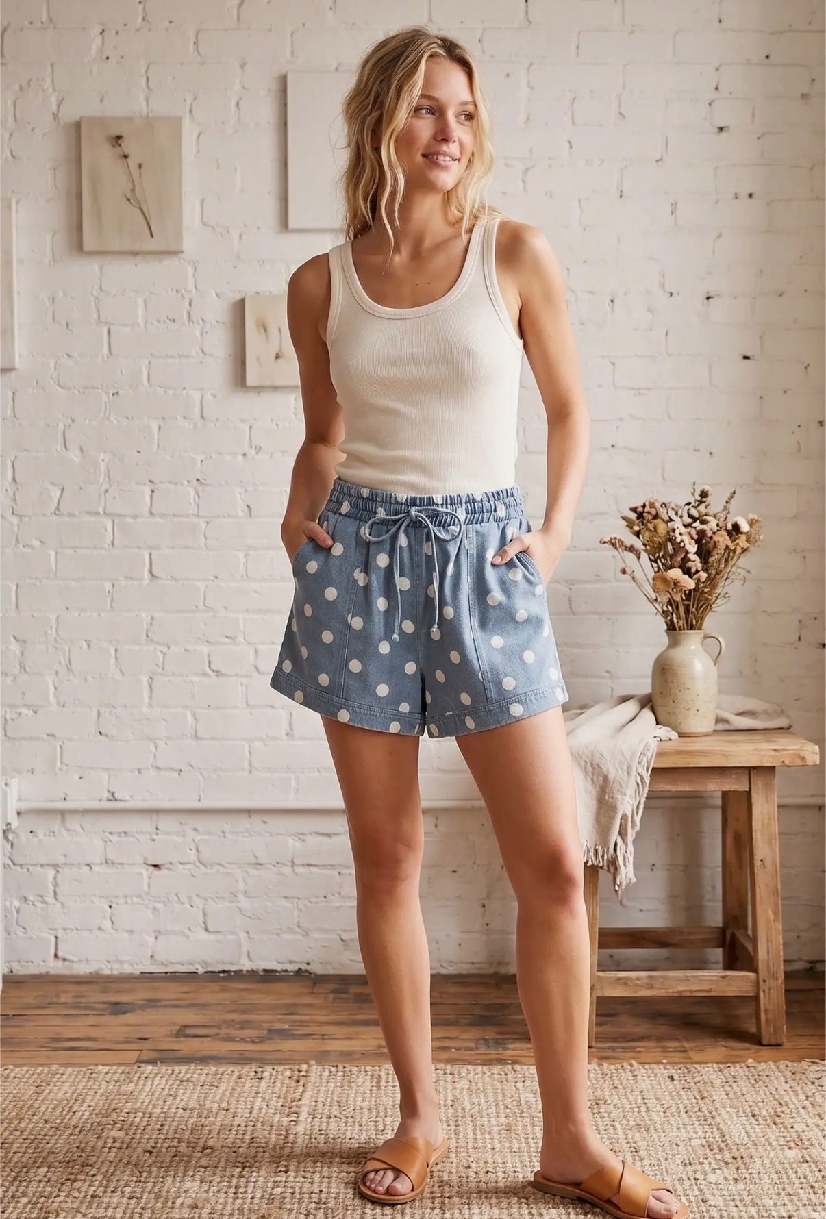 Polka dot denim shorts