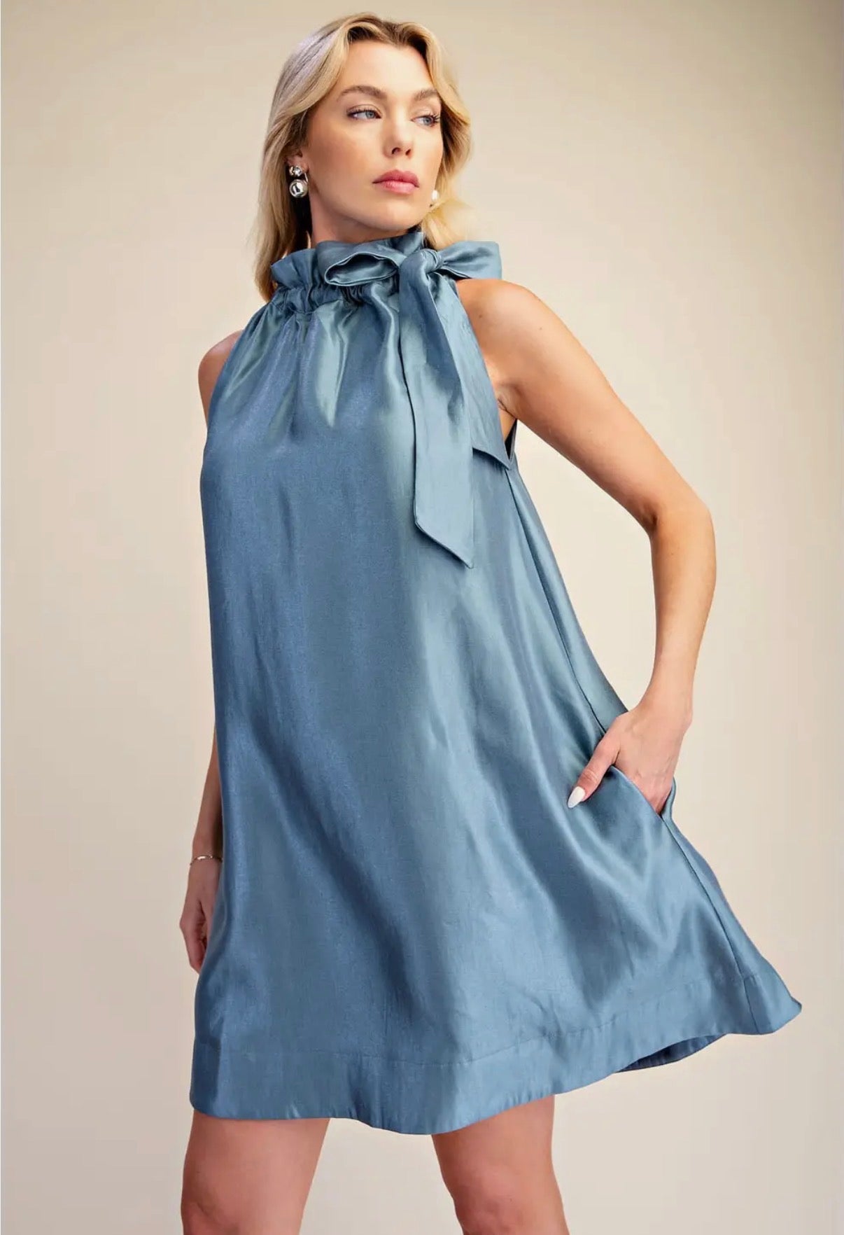 Slate ruffle neck mini dress