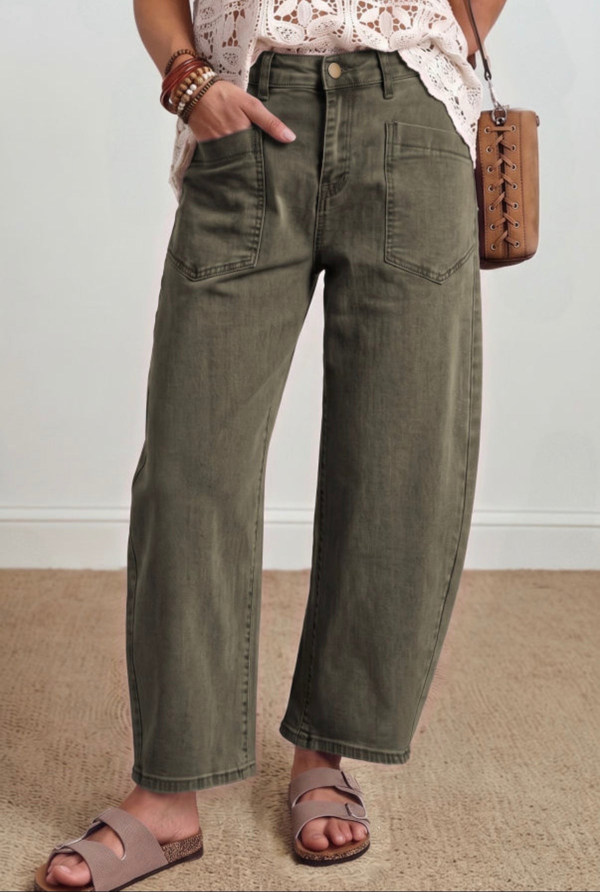 Olive barrel denim