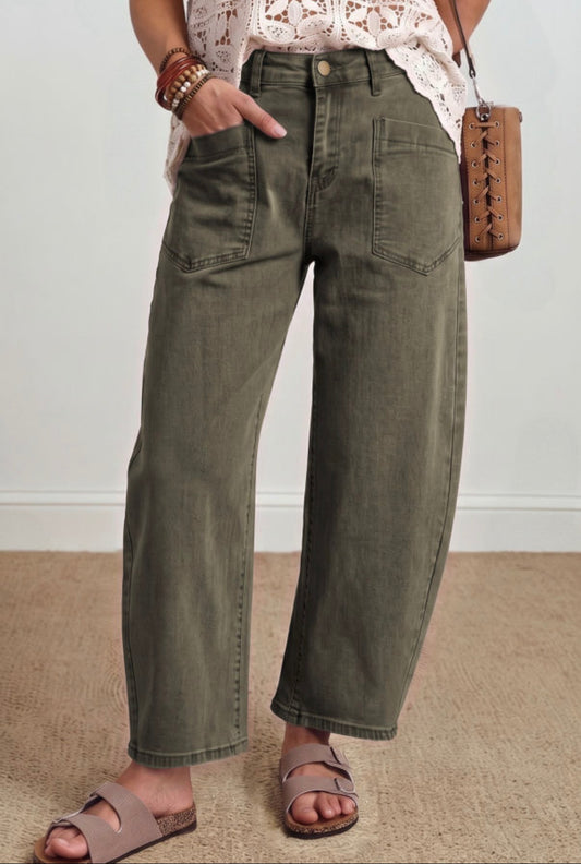 Olive barrel denim