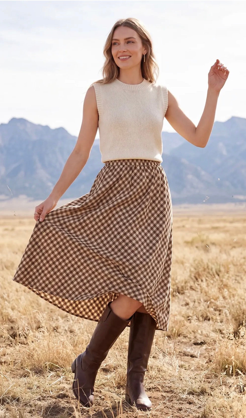 Brown woven check print skirt
