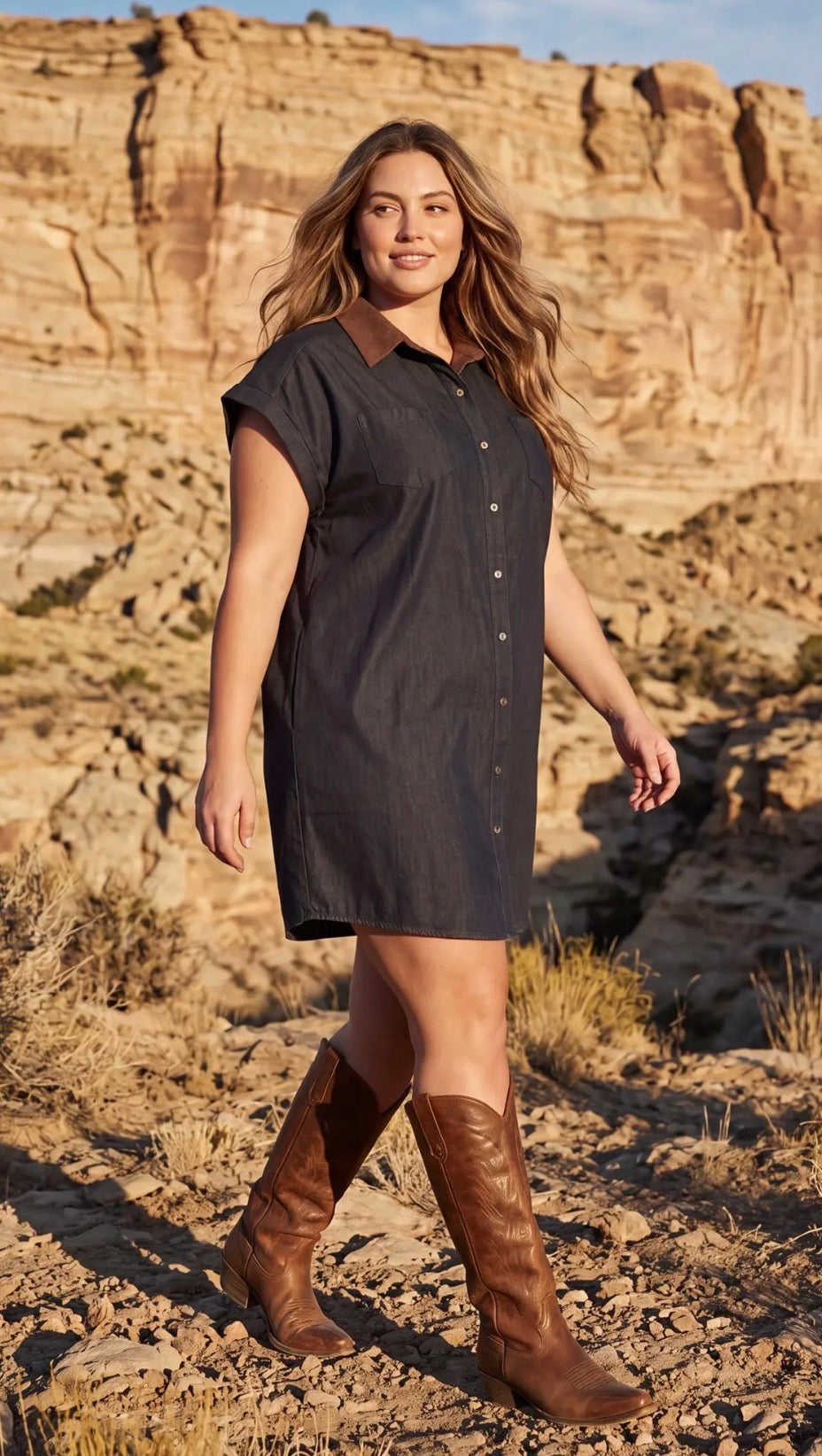 Curvy black washed denim dress