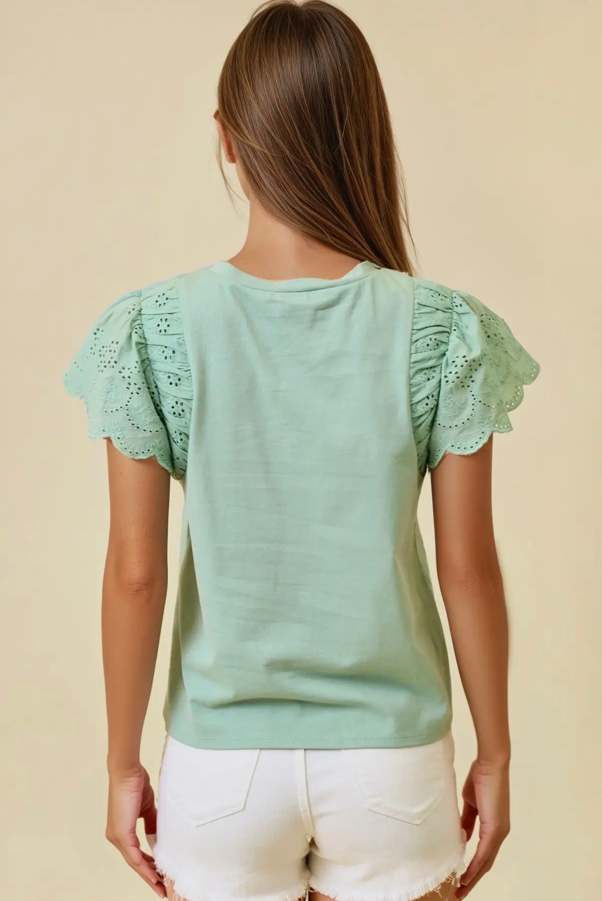 Sage ruffled eyelet sleeve top