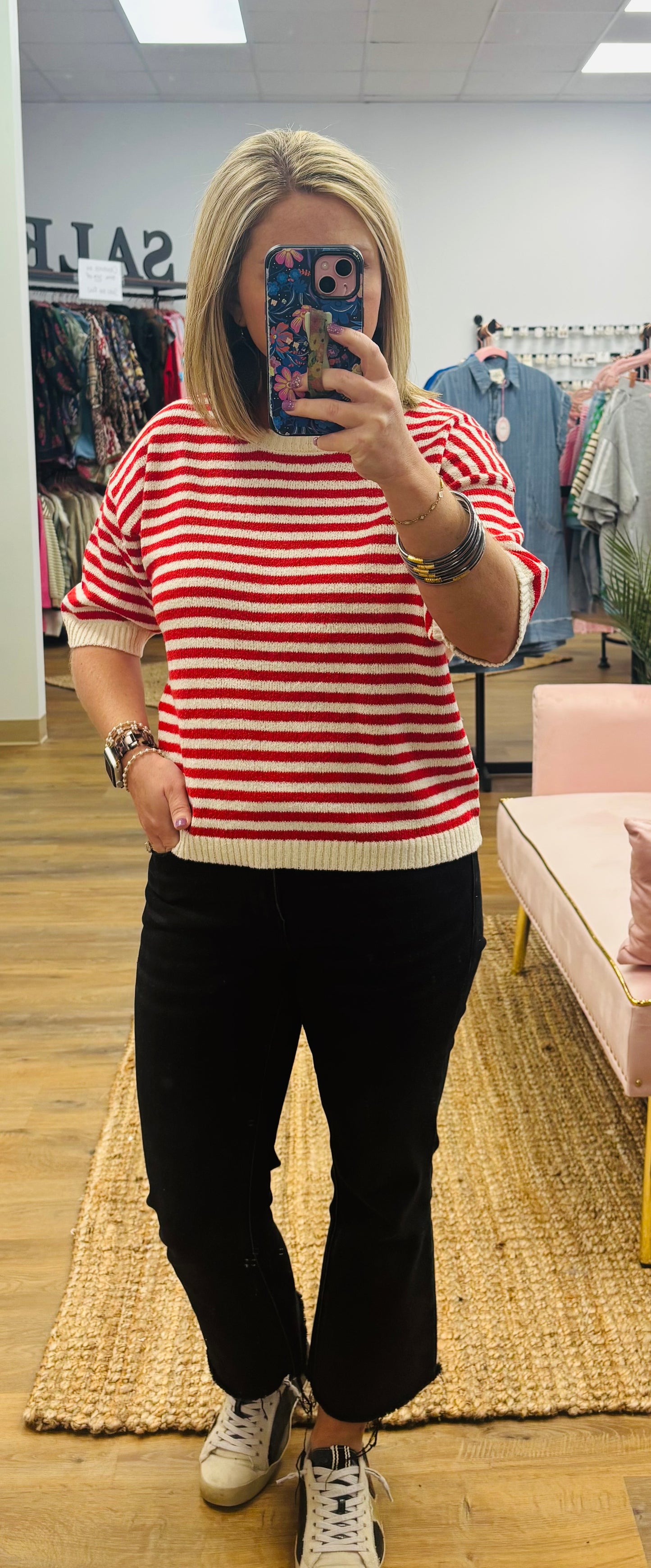 Red stripe button back sweater top