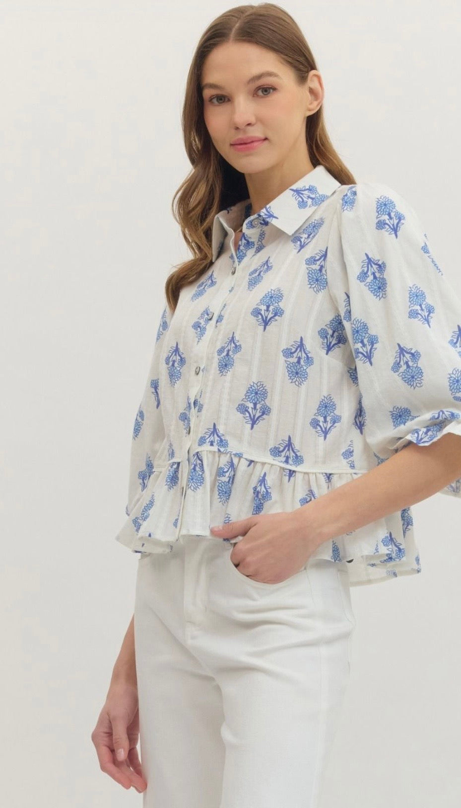 Blue flower button blouse