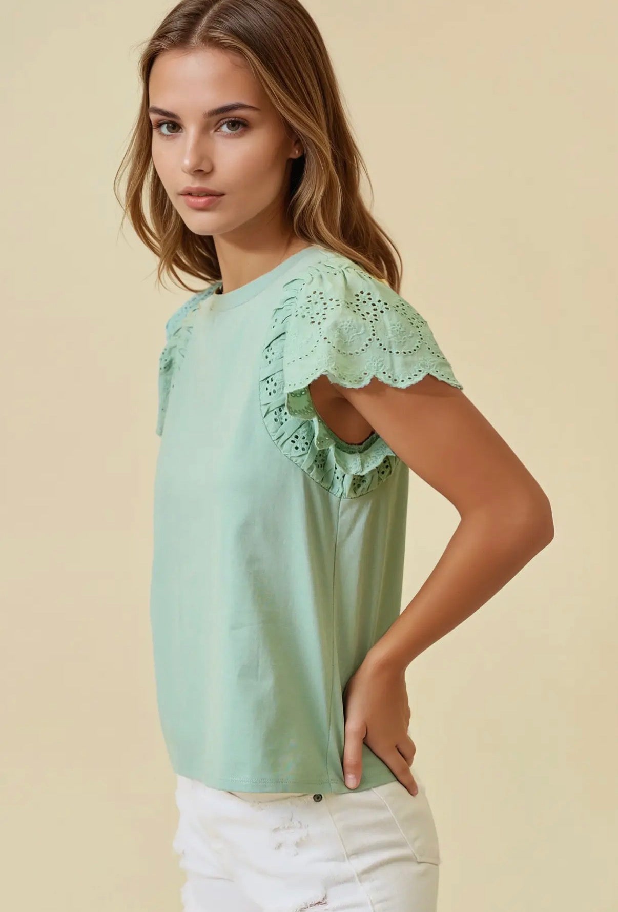 Sage ruffled eyelet sleeve top