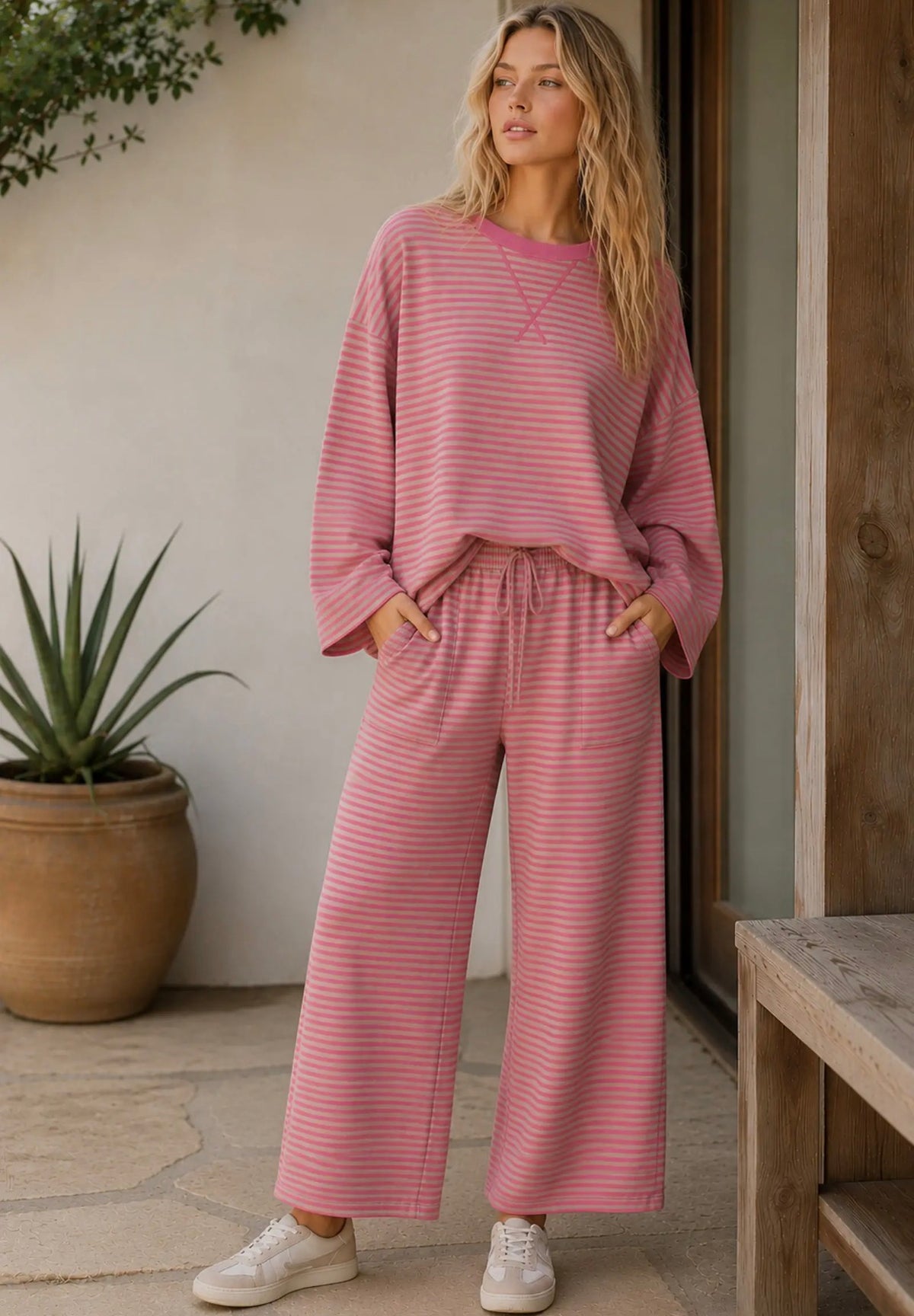 Taupe/pink stripe set