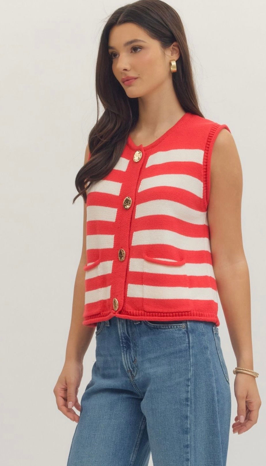 Red/white stripe button sweater