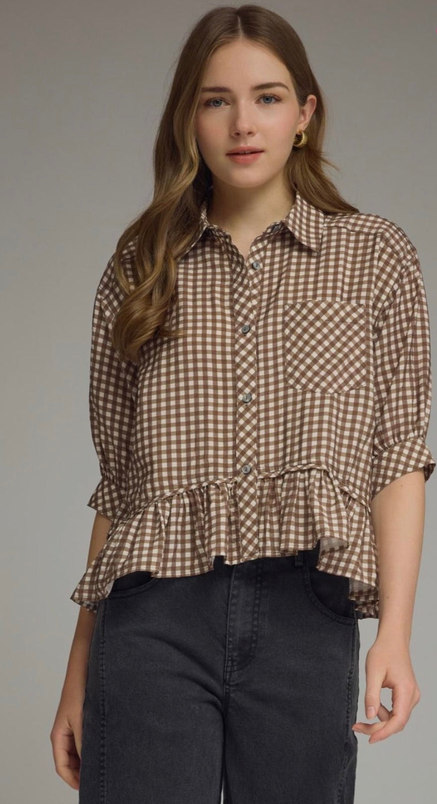 Brown gingham button top
