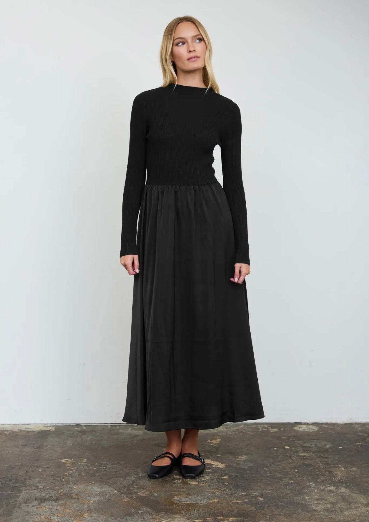 Ribbed mock neck satin midi dress
