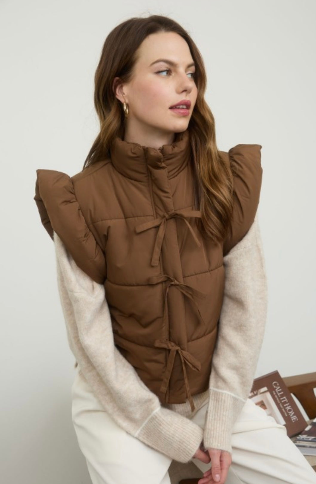 Mocha puff sleeve vest