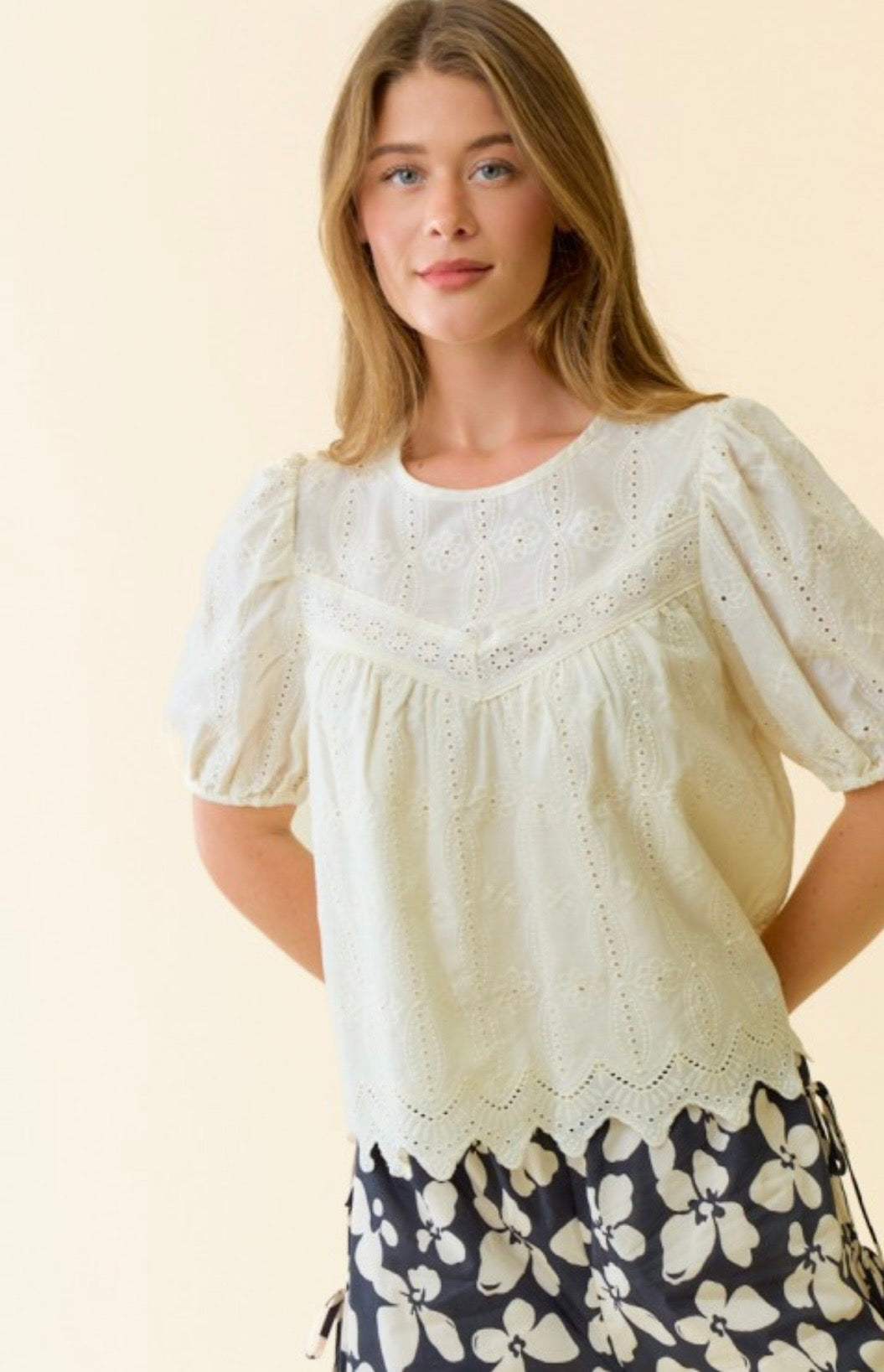 Ivory eyelet puff sleeve top