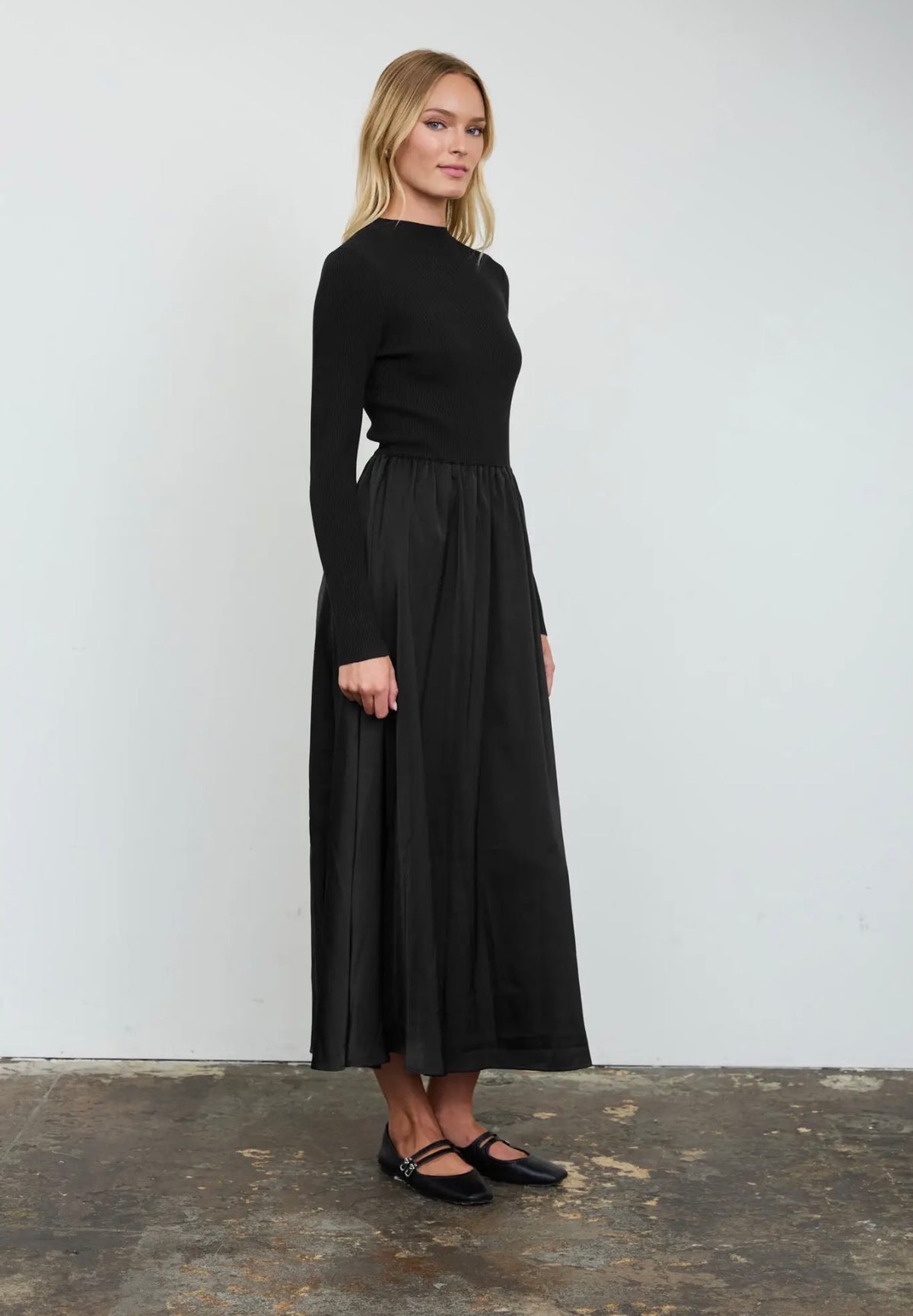 Ribbed mock neck satin midi dress