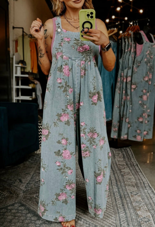 Floral denim overalls