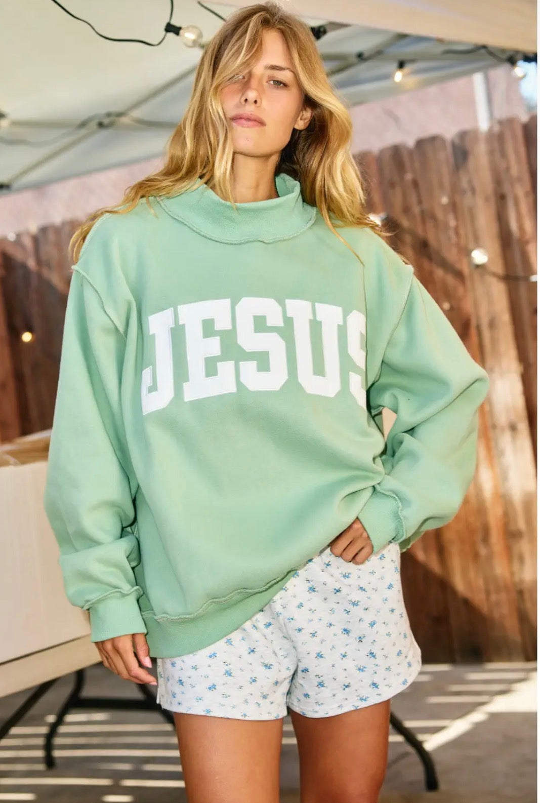 Jesus embroidered mock neck sweatshirt