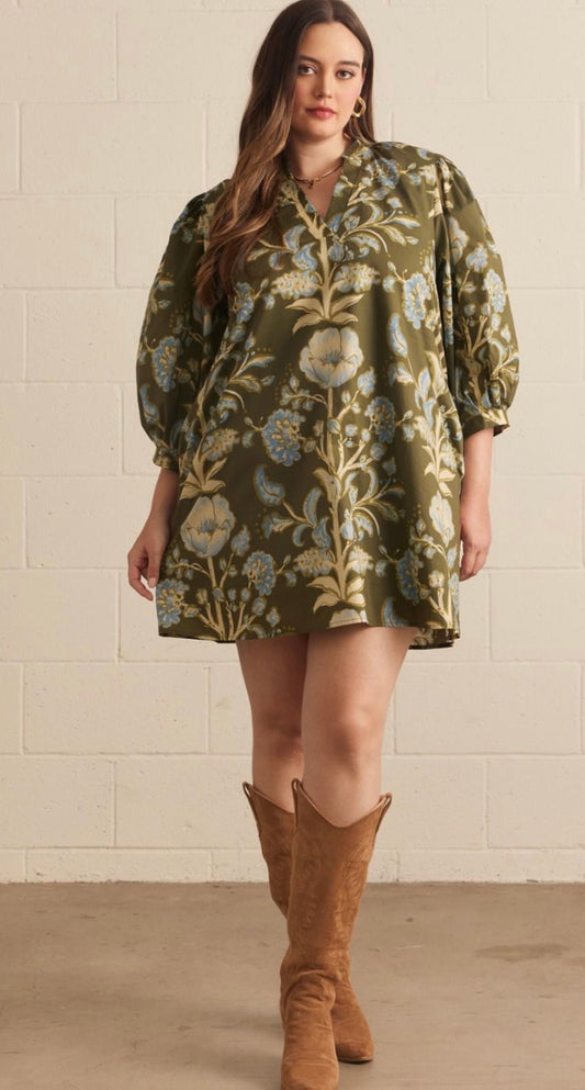 Curvy olive floral dress