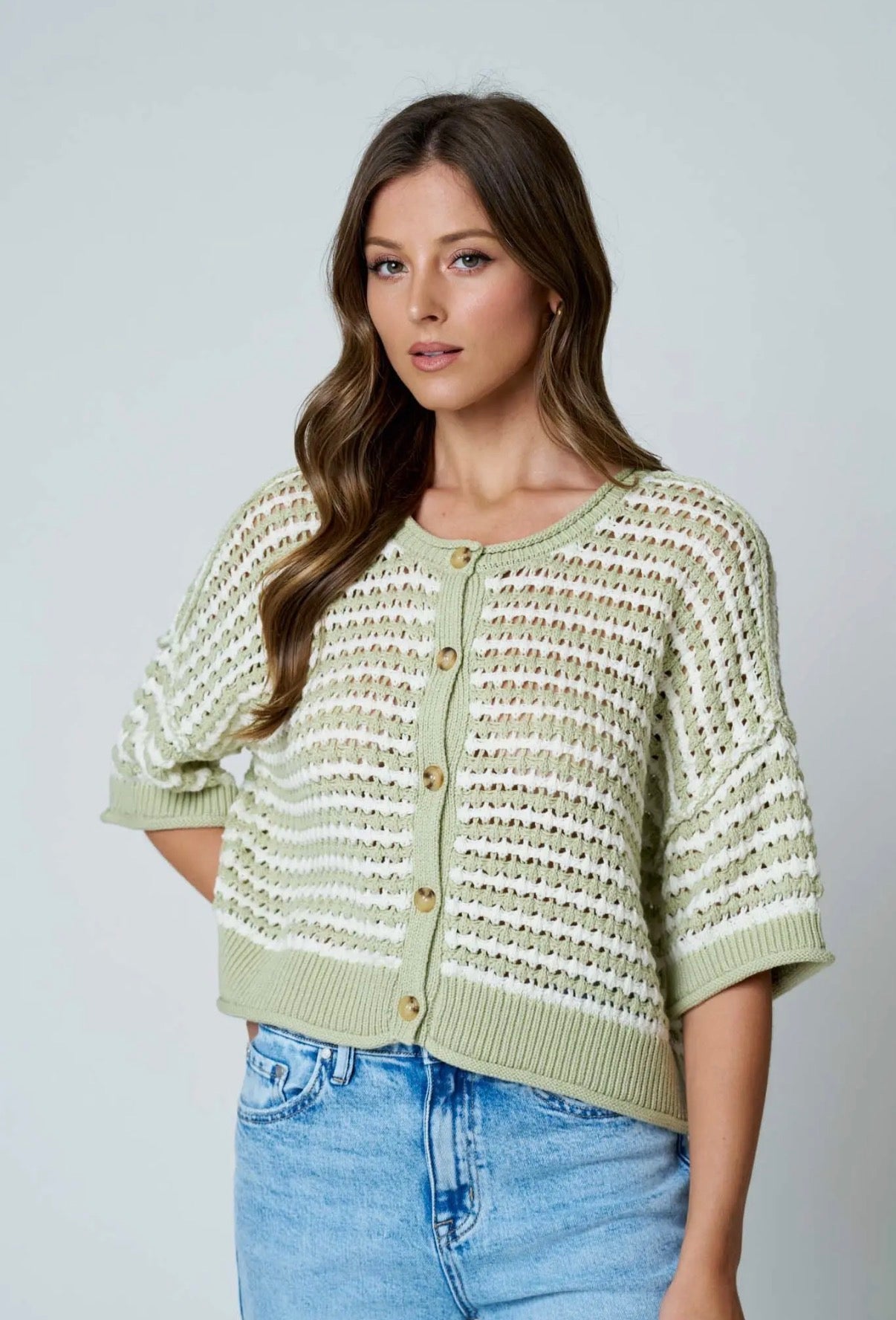 Green stripe button sweater top
