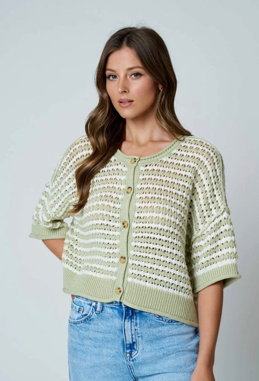 Green stripe button sweater top