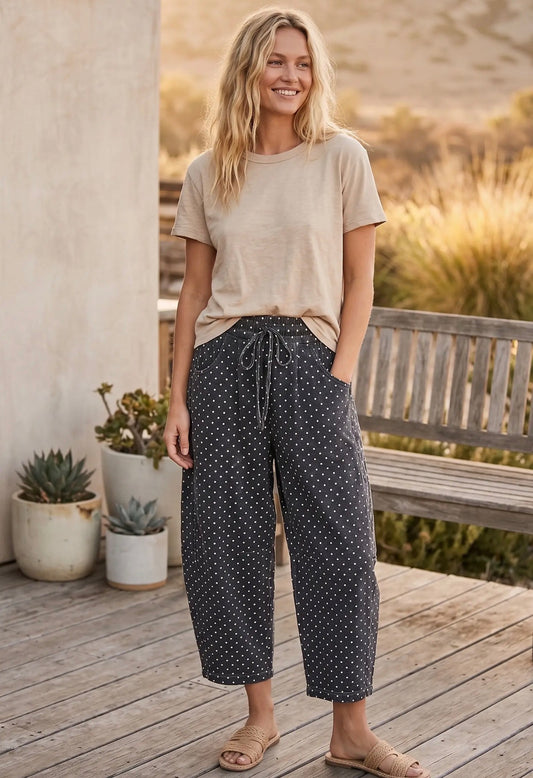 Black polka dot barrel pants