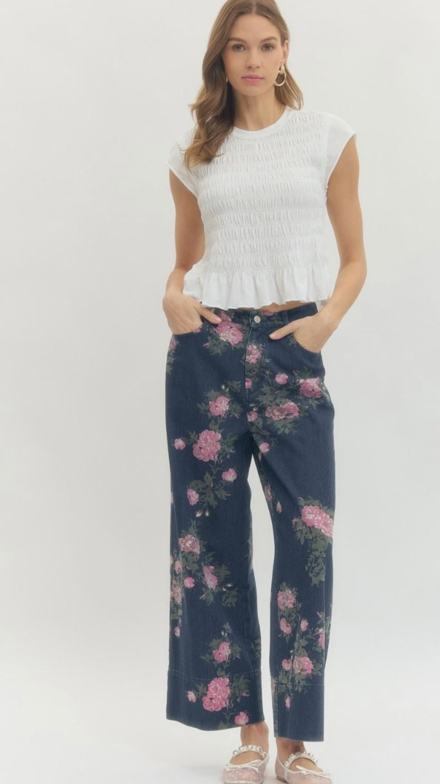 Pink floral denim