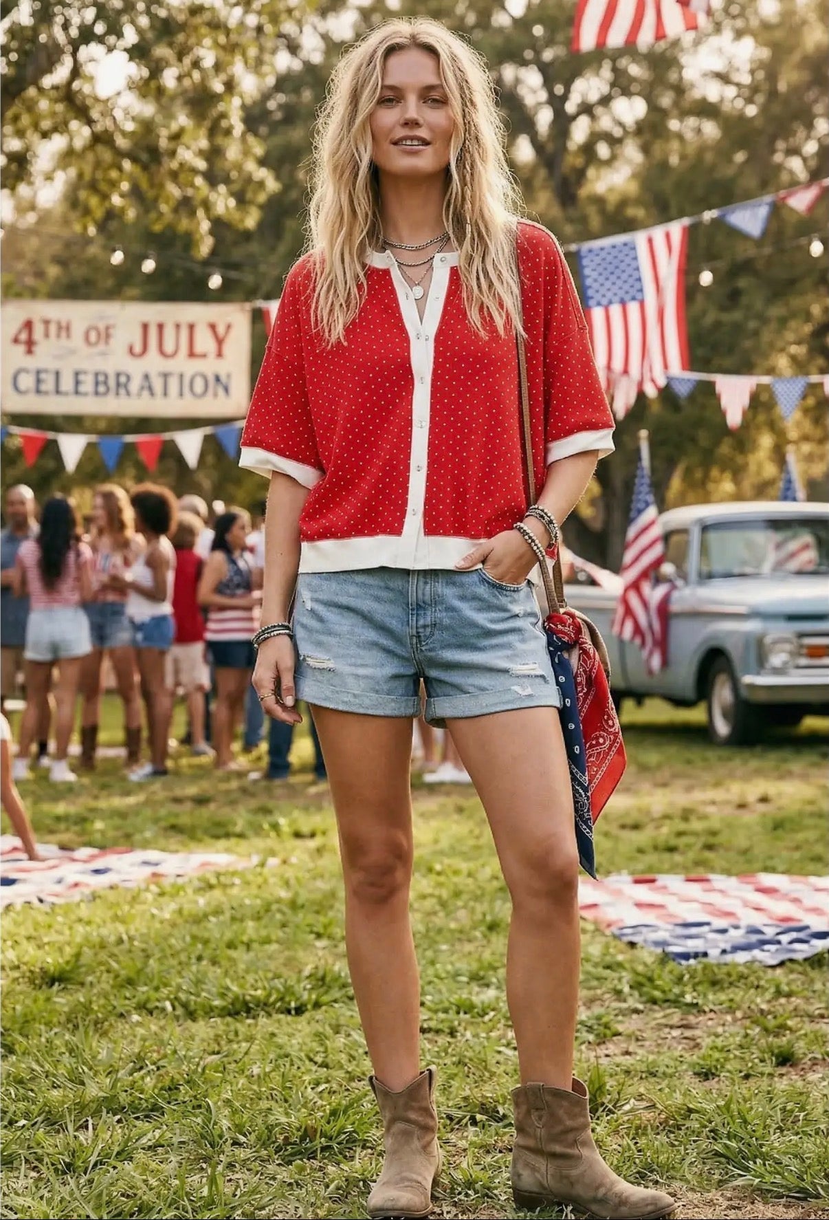 Red polka dot button front top