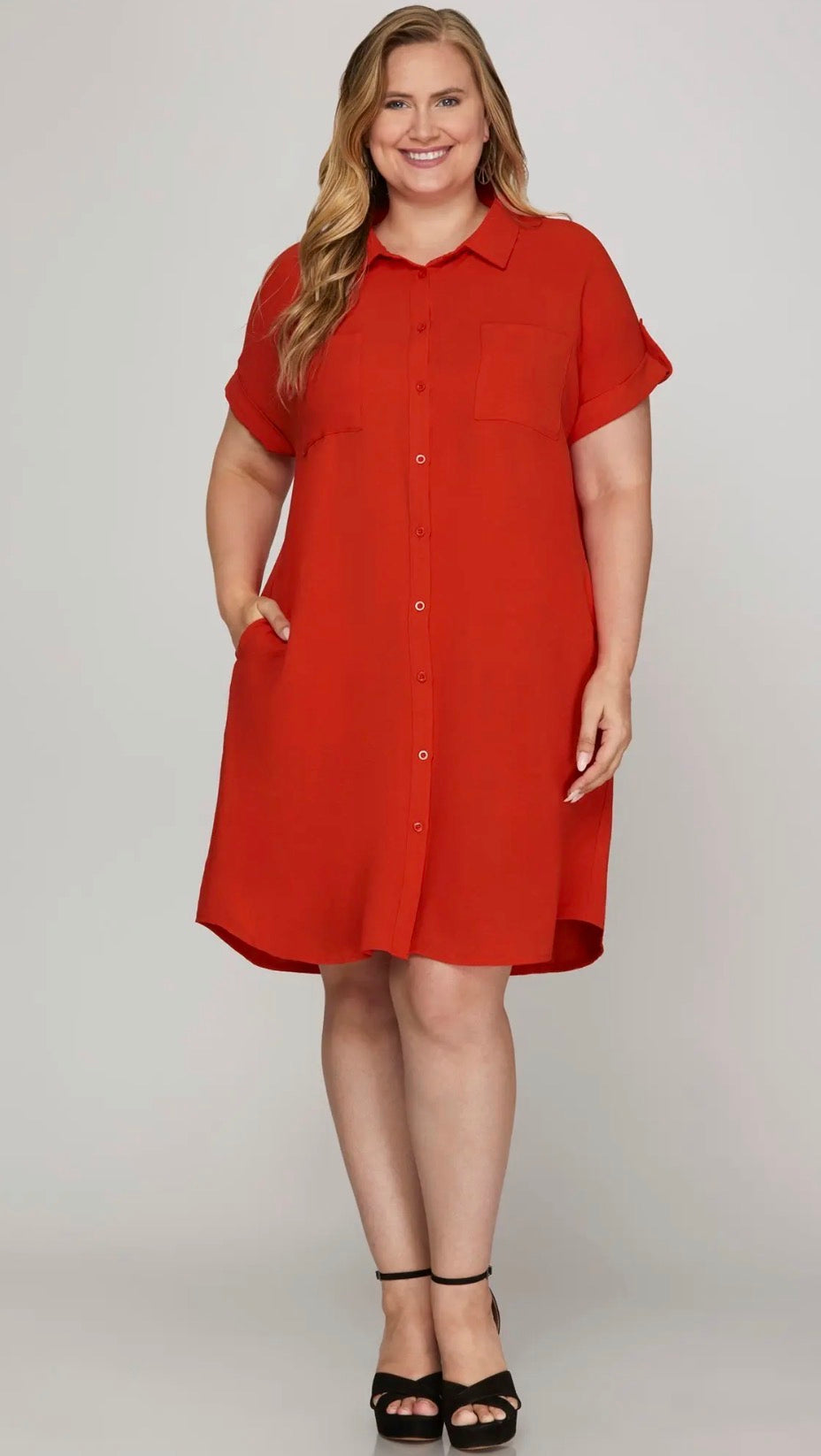 Red woven shirt dress