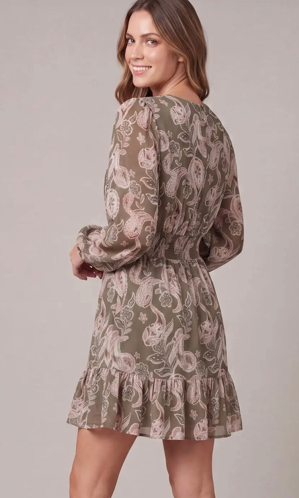Lt. olive smocked waist dress w/pockets