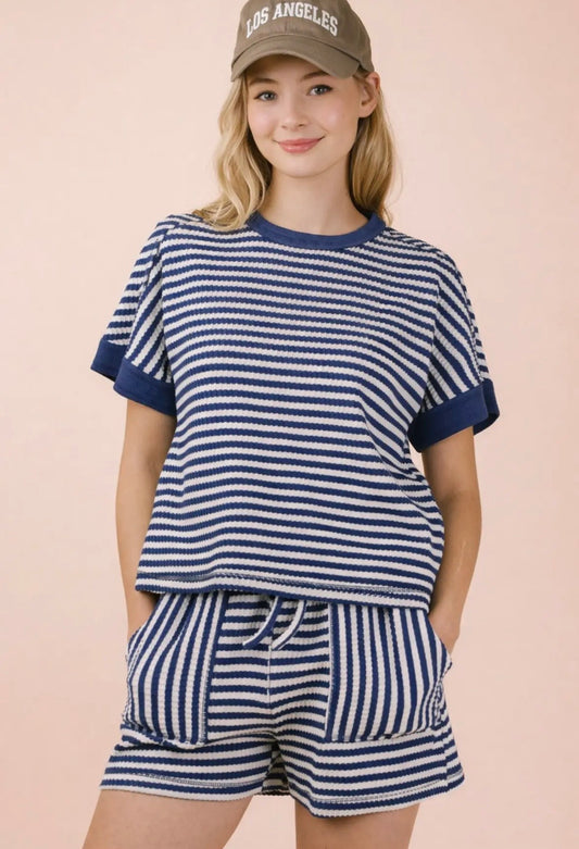 Navy stripe short set