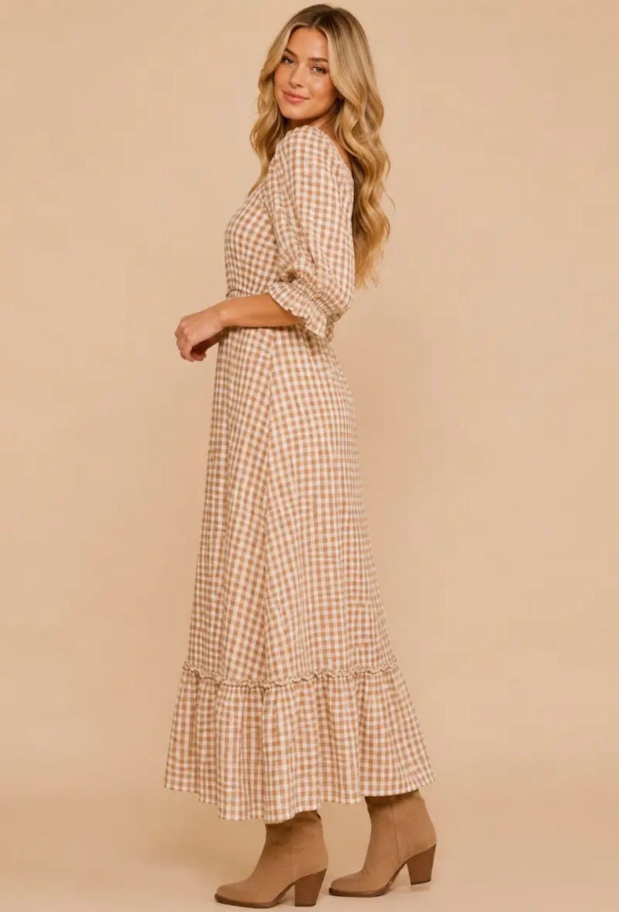 Brown gingham maxi dress