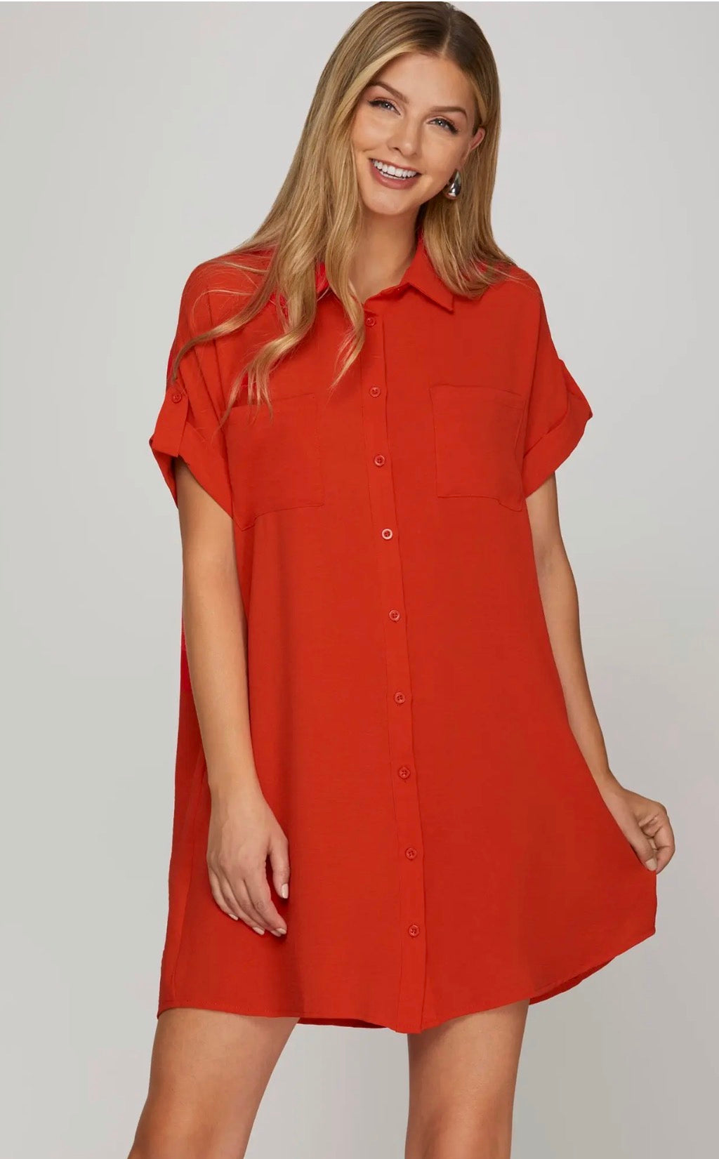 Red woven shirt dress