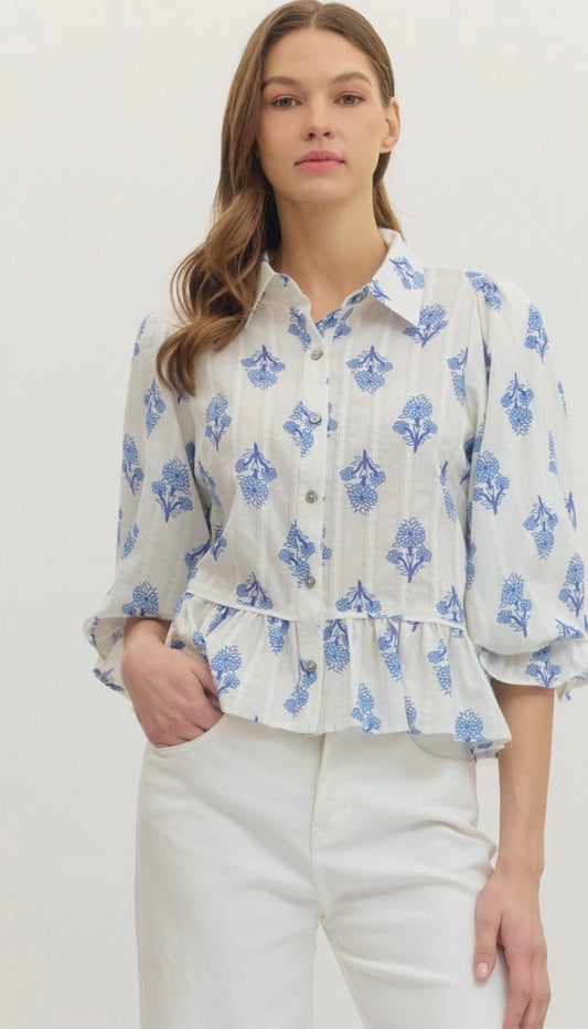 Blue flower button blouse